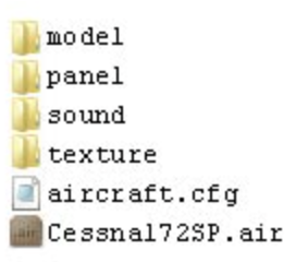 Aircraft container folder layout showing model, panel, sound, texture folders and aircraft.cfg, Cessna172SP.air files
