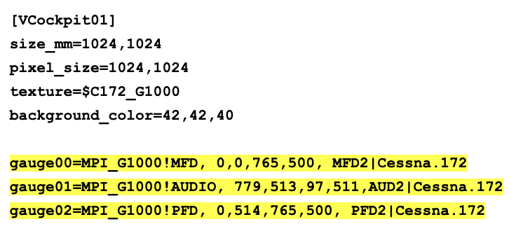 Cessna 172 VCockpit01 configuration showing G1000 gauge lines for MFD, AUDIO, and PFD with Cessna.172 as the 5th parameter