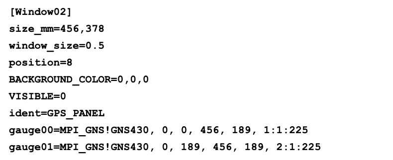Panel.cfg configuration for twin GNS 430s in a popup window showing Window02 section with gauge00 and gauge01 entries